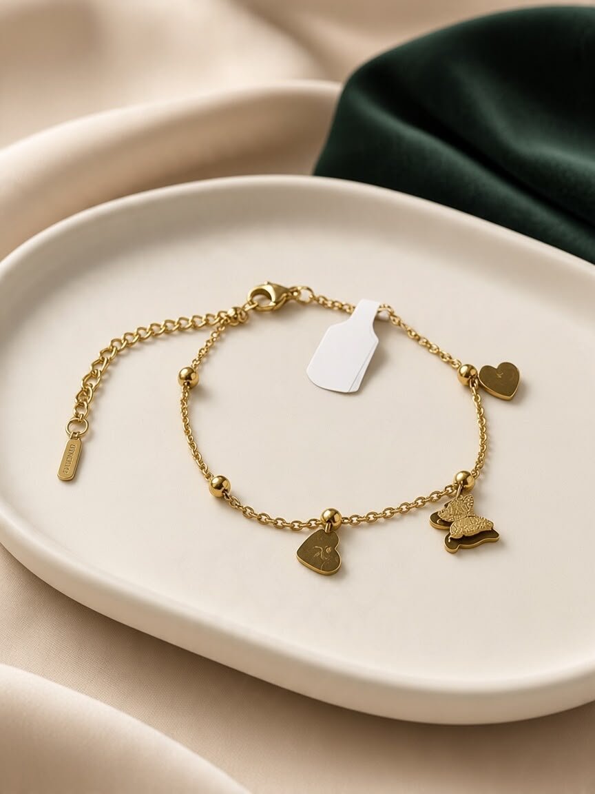 PULSERA MARIPOSAS Y CORAZONES ACERO DORADO